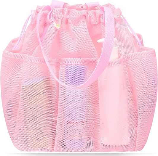 Mesh Shower Caddy Portable with Drawstring, Dorm Room Essentials for College Students Girls, Large Shower Bag for Camping,Swimming,Gym,Travel,Bathroom - Pink