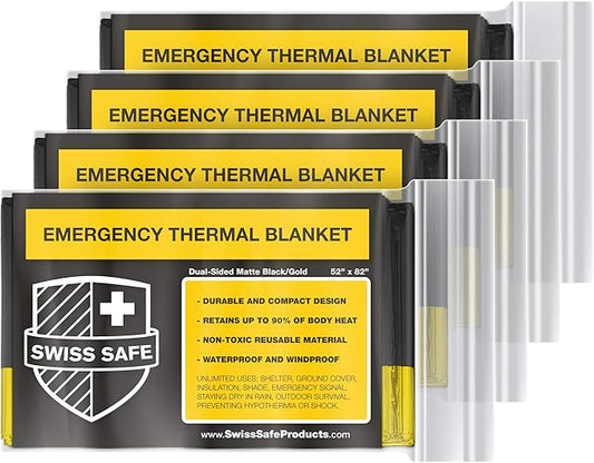Swiss Safe 4 Pack Mylar Emergency Blankets for Survival - Compact & Insulated for Cold Weather - Designed for NASA, Outdoor, Running, Camping, Survival, First Aid Car Kit - Black & Gold, 4 Pack