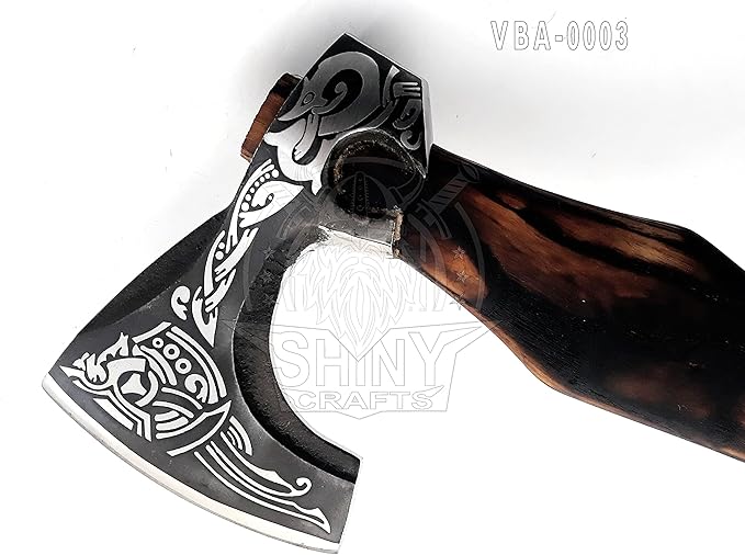 SHINY CRAFTS-Viking Axe Bearded Axe Tomahawk Birthday Gifts-Valhalla Axe, Carbon Steel Viking Axe Head, Engraved Handle, Wolf Camp Axe, Genuine Leather Sheath & Wrap (VBA 03)