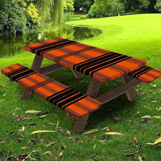 CAPSCEOLL Elastic Picnic Table Cover with Bench Covers 5Ft Waterproof Fitted Picnic Table Cover Cloths for Outdoors Camping Tablecloth with Drawstring Bag, 60X30in, Orange Plaid
