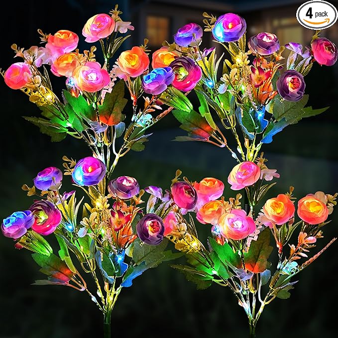 4 Pack Solar Garden Lights Outdoor, LED Colorful Waterproof Solar Powered Hydrangea Flowers Landscape Lights for Patio, Outside Yard, Pathway Decorative, Décor, Two Lightning Modes