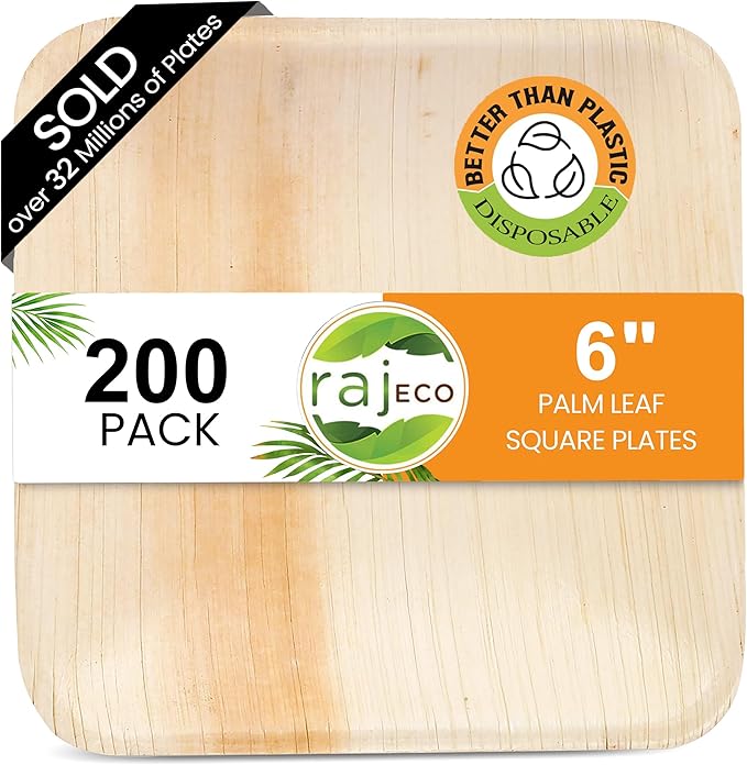Raj Palm Leaf Plates [200-Pack] 6" Square Plates like Bamboo plates Disposable, Strong, Decorative Compostable Tableware for wedding, Lunch, Dinner, Birthday, Camping, Outdoor BBQ, Picnic