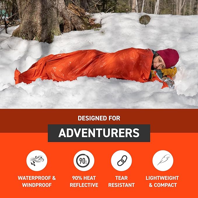 Survive Outdoors Longer 90% Emergency Bivvy - Comes with Survival Whistle & Tinder Paracord Drawstring - Add to Emergency Kit & Hiking Gear - Waterproof, Windproof & Tear-Resistant