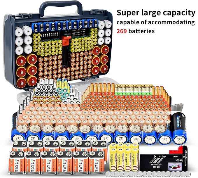 Battery Organizer Storage Holder Box Case with Tester- 269 Batteries Double-Sided Variety Pack, Holds AA AAA 4A C D Cell 9V 3V Lithium LR44 CR2 CR123 CR1632 18650 Button- Blue (Box Only)