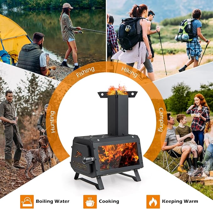 Camping Wood Stove, Portable Wood Burning Stove wtih X-shaped Pot Holder, Glass-Ceramic Window & Carbon Bridge, Tabletop Fire Pit Stove for Outdoor Cooking, Heating, Hunting & Ice Fishing
