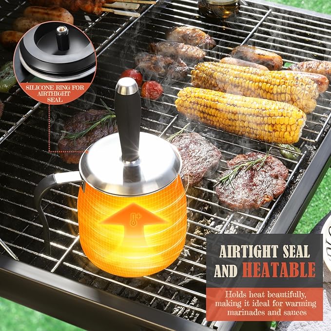 32 OUNCE Basting Pot with Replaceable Brushes，Grilling Gifts for Men&Dad，Stainless Steel 304 Barbecue Sauce Holder Brush Set，Airtight Melting Pot BBQ Sauce Container for Outdoor Grill，Butter Melting