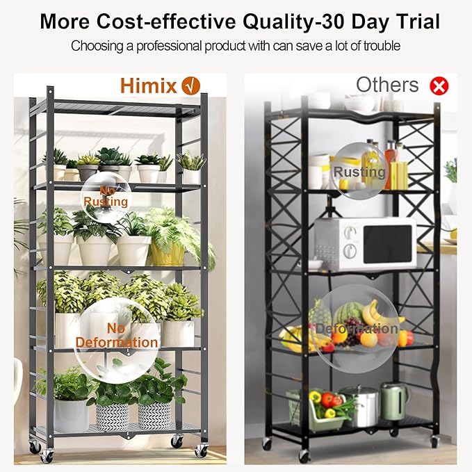 Himix Storage Shelves with 20 Hooks, 5-Tier Foldable Shelves for Storage, Folding Shelf Unit Pantry Shelves Bookshelf with Wheels, Vendor Display Racks for Craft Shows, Home, Grey - No Assembly