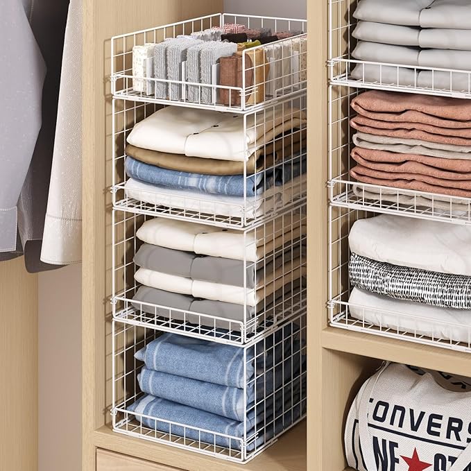 4 Tier Closet Organizers and Storage Shelves, Collapsible Stackable Storage Drawers Organizer Shelf Bins Baskets Containers for Truck Camper RV Closet Cupboard Wardrobe,Narrow, Sturdy Metal Frame