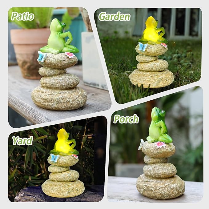 Solar Garden Statues Outdoor Frog Decor, Garden Sculptures Stones Solar Statue Novelty Yoga Frog Figurine Decoration for Patio Yard Porch Art Home Decor