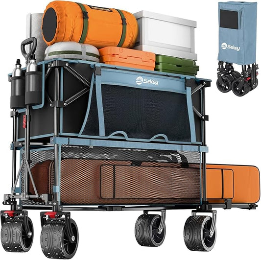 400L Large Capacity Folding Double Decker Wagon with Brakes, 50" Extra Long Extender Cart, 500lbs Heavy Duty Collapsible Wagons, All-Terrain Big Wheels for Camping, Sports, Shopping. Blue