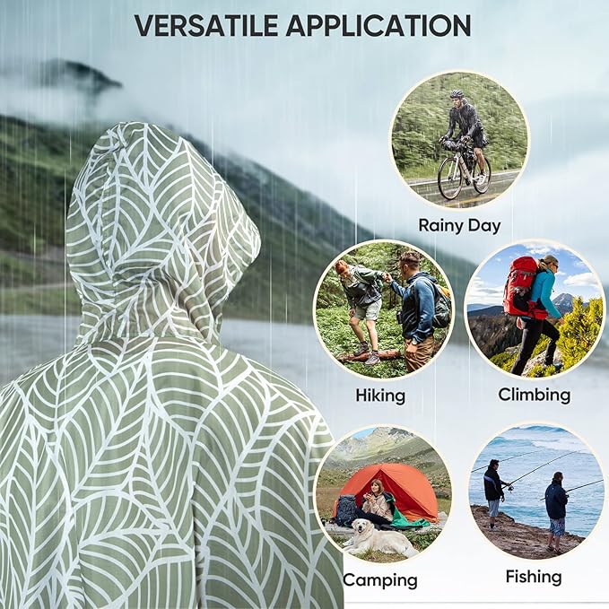 PTEROMY Hooded Rain Poncho for Adult with Pocket, Waterproof Lightweight Unisex Raincoat for Hiking Camping Emergency