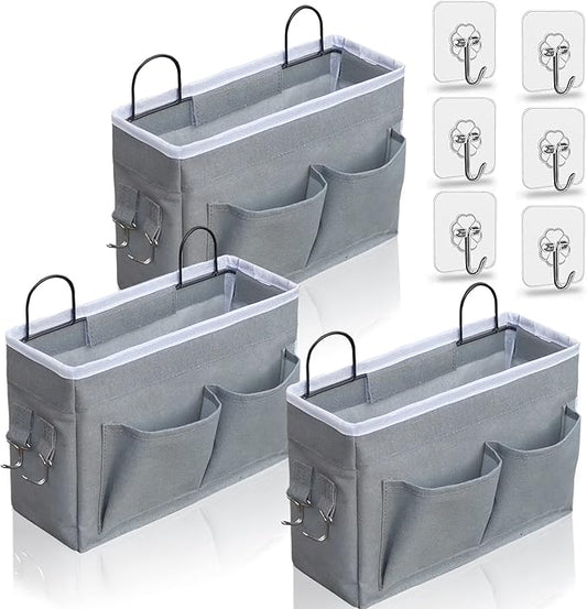 3pcs Middle Wall Hanging Organizer Bag, Linen Fabric Door Hanging Storage Basket with Pockets, Waterproof Bin for Kitchen, Bedroom, Office, RV Camper (Gray)