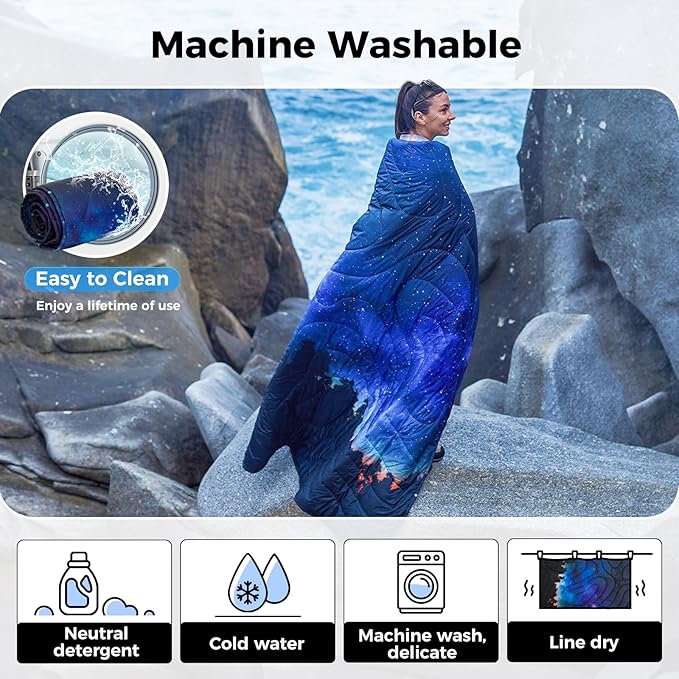 KingCamp Ultralight Camping Blanket, Packable Down Alternative Puffy Printed Wearable Blanket with Snap Buttons & Corner Loops Weatherproof Quilt for Outdoor Travel Stadium (79"L x 57"W, STARRYSKY)