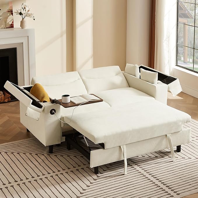 66" Multi-Functional Pull-Out Sofa Bed with Hidden Side Table, Storage Armrests, Built-in Charging Port, Spring Mattress, Solid Wood Frame – Ideal for Small Spaces, Easy Assembly