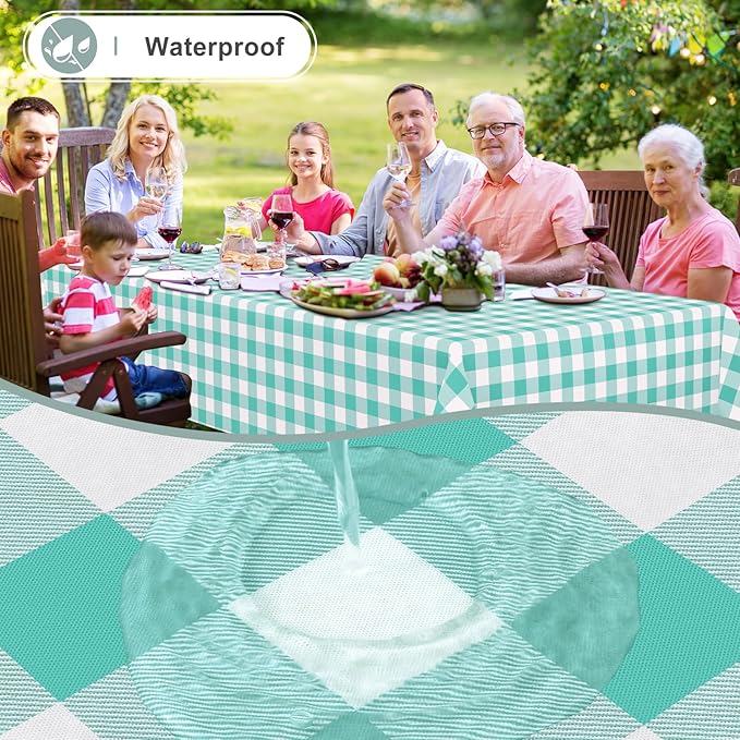 misaya Rectangle Waterproof Vinyl Table Cloth, Buffalo Flannel Backed Tablecloth, Wipeable Plastic Table Cover for Dinner, Kitchen, Outdoor (60" x 102", Teal and White)