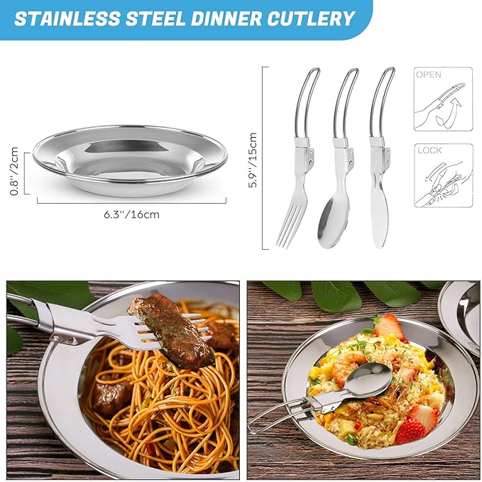 Odoland 16pcs Camping Cookware Mess Kit with Folding Camping Stove, Non-Stick Lightweight Pots Pan Set with Stainless Steel Cups Plates Forks Knives Spoons for Camping, Backpacking, Outdoor Cooking
