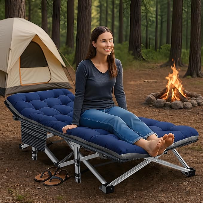ABORON Folding Camping Cot W/Mat for Adults, Heavy Duty Outdoor Bed with Carry Bag,1200 D Layer Oxford Travel Camp Cots