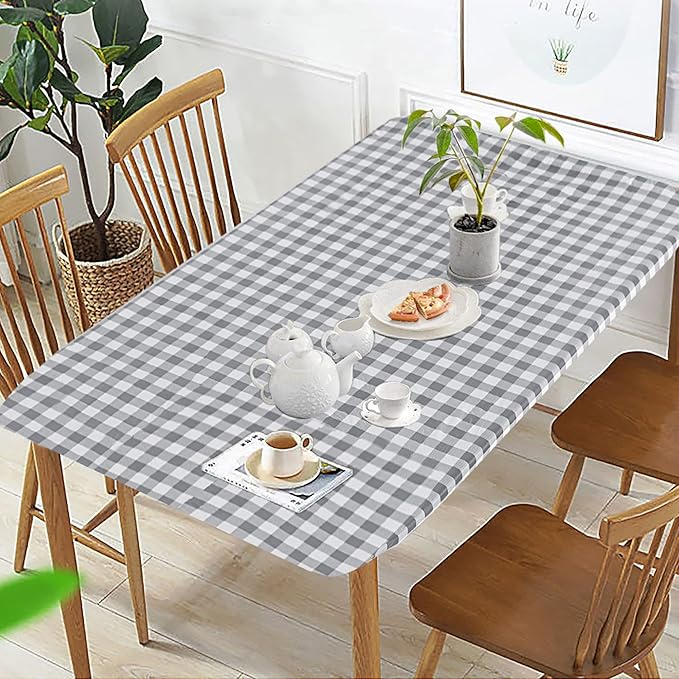Fitable Checkered Picnic Table Cover Waterproof Vinyl Fitted Table Cover Flannel Backing Outdoor Indoor Tablecloth 30"x96" for Picnic, Travel, Holiday, Party, Folding Table, Silver Grey