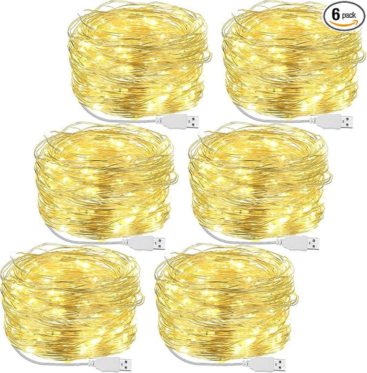 Macarrie 6 Pcs USB String Lights 33 ft 100 LED Fairy Lights Powered String for Christmas Indoor Outdoor Wedding Party Tree Home Festival Garden Decoration (Warm White)