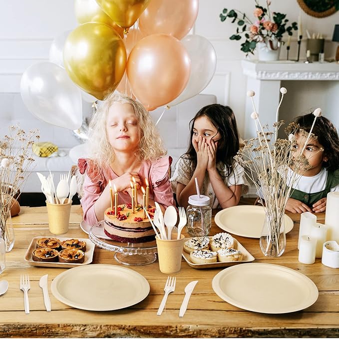 Gezond 100% Compostable Cutlery Set 300 Pack Extra Long Disposable Cutlery with 150 Forks 100 Spoons 50 Knives 7 Inch No Plastic Biodegradable Utensils for Party Wedding Camping Office Picnic