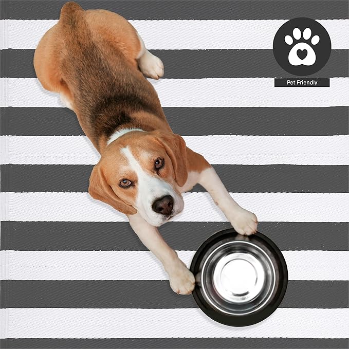 FH Home Outdoor Rug - Waterproof, Fade Resistant, Crease-Free - Premium Recycled Plastic - Geometric - Patio, Porch, Deck, Balcony - Brittany Stripe - Gray & White - 5 x 8 ft