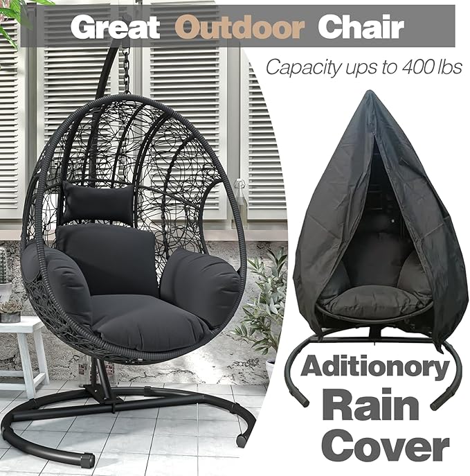 Oversized Hanging Egg Chair Outdoor Wicker Swing Chair with Stand Rain Cover UV Resistant Cushion 400lbs Capacity for Patio, Garden and Balcony