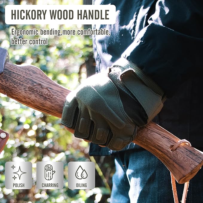 ROCKYGIANT 13'' Camping Axe with Sheath, Hand Forged Hatchet for Wood Chopping,Spling and Kindling, Brushcraft Axe for Outdoor Survival and Garden, Hickory Wood Handle