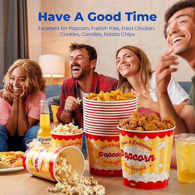 Fit Meal Prep 25 Pack Classic Paper Popcorn Buckets Disposable, 85 Oz Grease Resistant Popcorn Bowls Cups for Machine Home Theater Carnival Movie Night