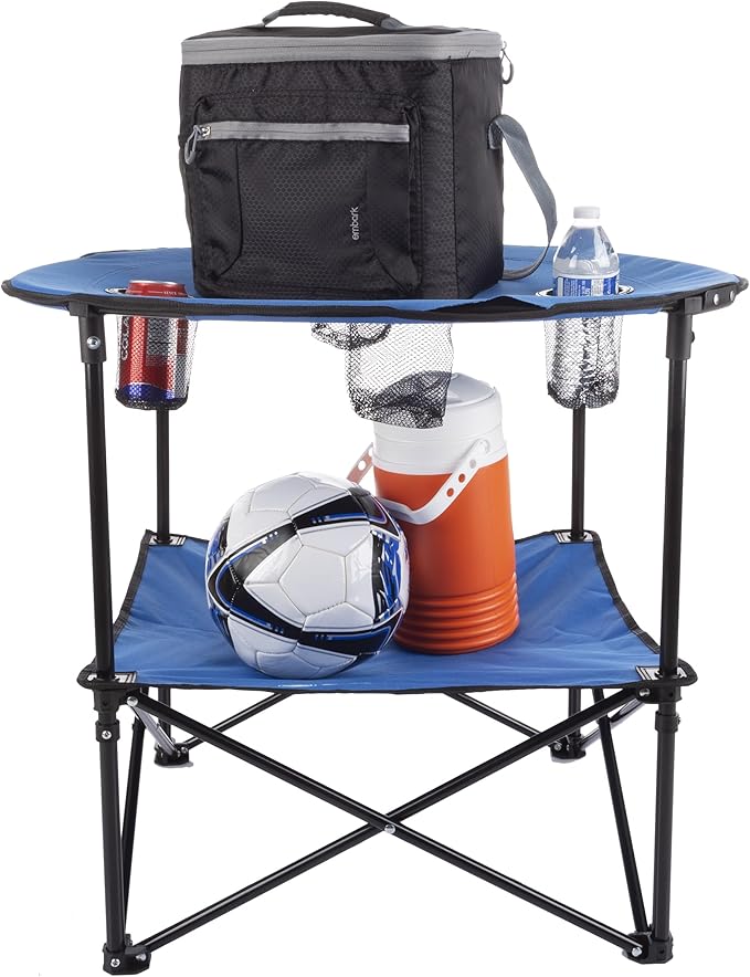 Wakeman Camp Table - Round 2-Tier Folding Table with 4 Cupholders and Carrying Bag - for Camping, Beach, Picnic, Sporting Events, and More Outdoors,Blue
