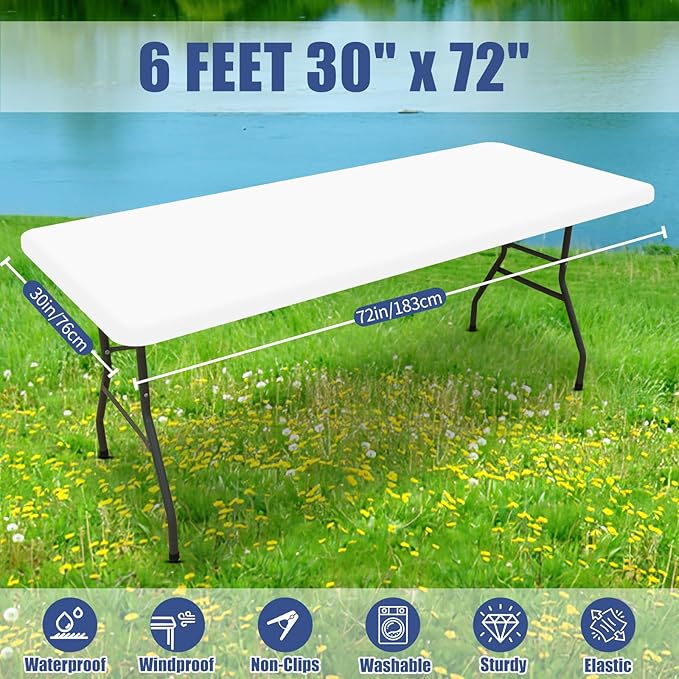 Spandex Picnic Table Cloth 2 Pack, Elastic Fitted Tablecloths for 6 Foot Rectangle Tables, Stretch Washable Patio Table Cover for Outdoor, Camping, Banquet and Parties (White, 30"x72")