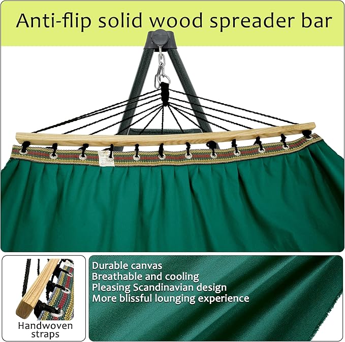 Tranquillo Sturdy Steel Hammock Stand with Premium Cotton Canvas, 600 lbs Capacity Folding, Portable Hammock Stand 30-Second Fold Unfold Spacious Design, (Canvas - Emerald Green)