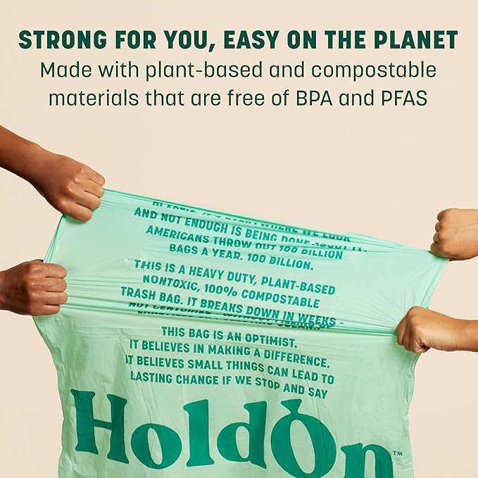 HoldOn Large Trash Bags 13 Gallon – Plant-Based Garbage Bags with Drawstring Handles for Tall Trash Bins – Trash Bags for Kitchen Bin (40 bags, Pack of 2), Green