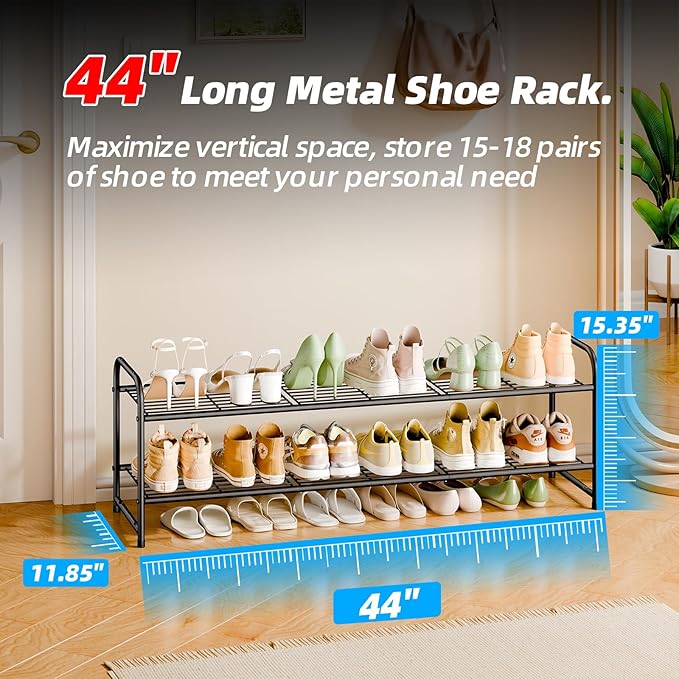 2 Tier Shoe Rack for Closet, 44 Inch Extra Long Shoe Storage Organizer for Shelves, Heavy Duty Metal, Easy Assembly, Black