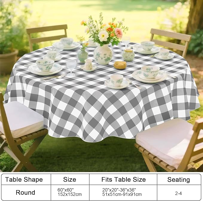 Smiry Round Plastic Table Cloth, Waterproof Vinyl Tablecloth with Flannel Backing, Wipeable Buffalo Plaid Table Cover for Dining, Indoor and Outdoor (Grey & White, 60" Round)