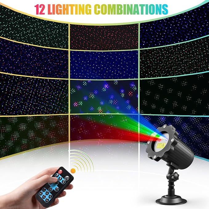 Waterproof Firefly Laser Projector Lights Outdoor,12 Effect Moving RGB Lights Show Laser Projection with RF Remote and Timer for Wedding Halloween Christmas Holiday Party Patio Garden Landscape Decor