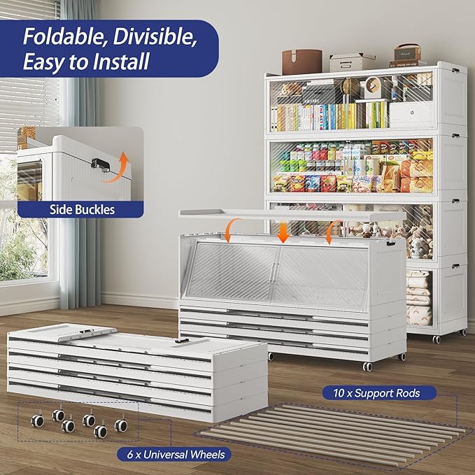 240GAL Extra Large Stackable Storage Bins with Lid, 960QT Plastic Closet Organizer and Storage Cabinet with Wheels and Doors, Folding Storage Box Container for Home Organization, 3Pack White