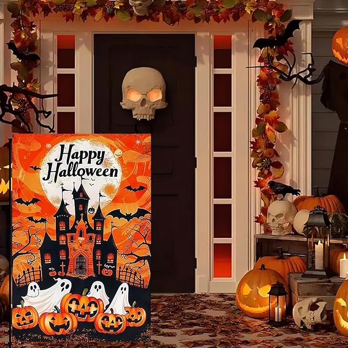 Halloween Garden Flag for Outside 12x18 Inch Double Sided, Ghost Pumpkin Small Yard Flags for Outside, Outdoor Welcome Flag Front Porch Decorations for Home