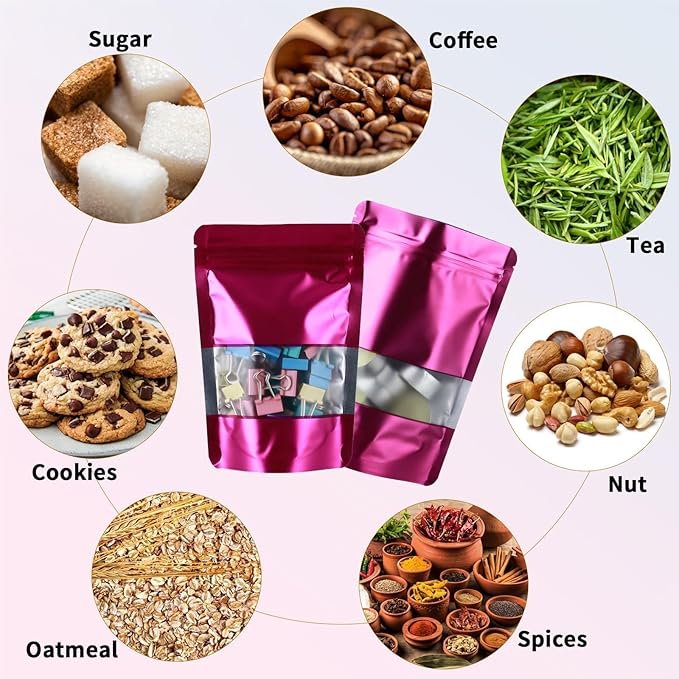 200 Pcs Mylar Bags for Food Storage 5x8 Mylar Bag with Window, Foil Stand Up Resealable Bags for Food, Smell Proof Bag Freeze Dried Candy Packaging Sealable Pouch Jewelry Bracelet Pouch