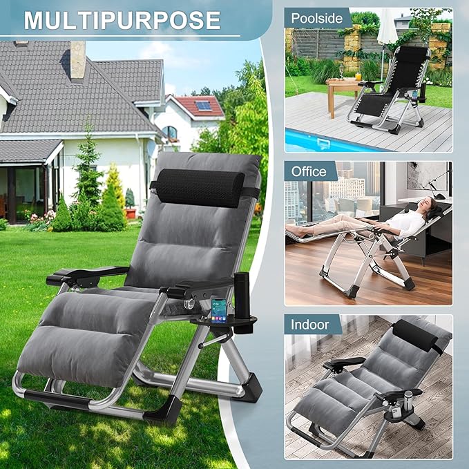 ABORON Zero Gravity Chair,Premium Outdoor Lawn Folding Lounge Chairs,Sturdy Adjustable Reclining Patio Chairs with Removable Cushion,Headrest & Tray