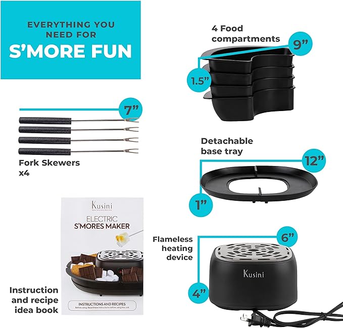 Kusini Smores Maker Tabletop Indoor - Flameless Electric Marshmallow Roaster – 4 Detachable Trays & 4 Roasting Forks – Gift Set & Date Night Idea. Movie Night Supplies & Housewarming Gift