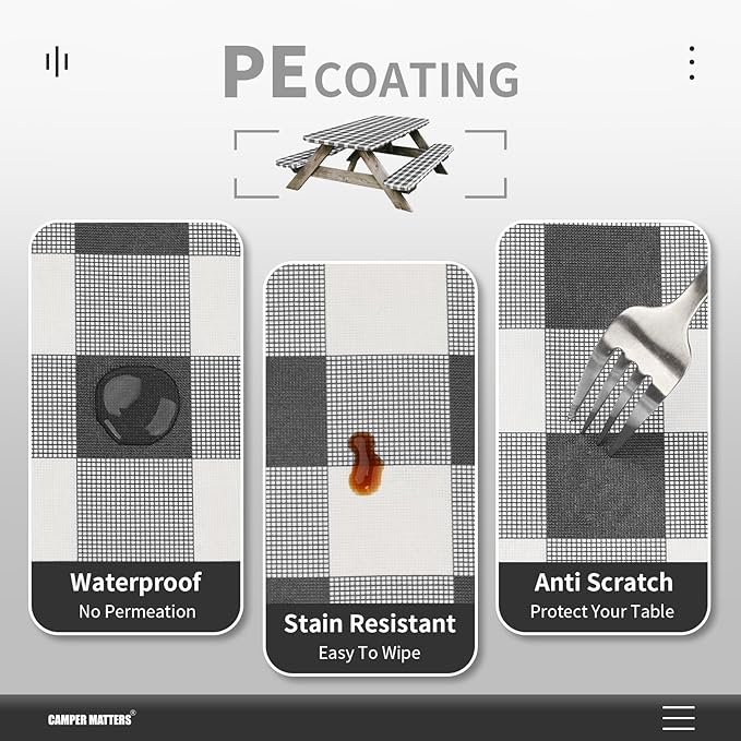 Picnic Table Cover and Bench Covers, Fitted Tablecloth Cover with Elastic Edge, Water and Oil Proof, for Outdoor, Garden, Camping, 96x30 Inch, 3 Pieces Set, Black & White