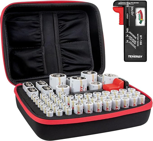 Tenergy Alkaline Batteries & Storage Case, 24xAAs, 24xAAAs, 4xC Size, 4xD Size, 4x9V Size Batteries, and Battery Organizer Case