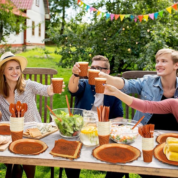 200 Pieces Camping Wood Grain Slice Party Supplies Set Paper Plate Cup Napkin for Camping Woodland Baby Shower Lumberjack Birthday Featuring a Round Wooden Slice Die Cut Edge Design Serve 25