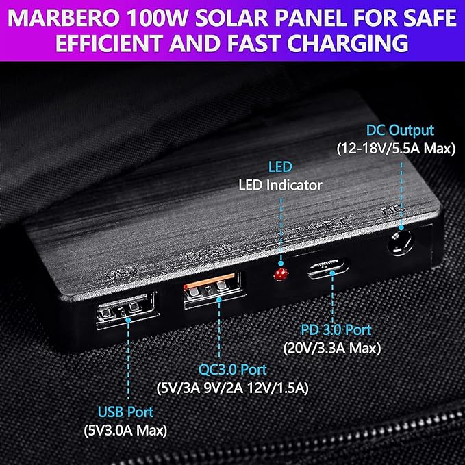 MARBERO 100W Portable Solar Panel 100 Watt Foldable Solar Panel for Power Station with USB & DC 18V Output(10 Connectors) 23% Conversion Efficiency IP68 Waterproof for Camping Outdoor Home Cloudy
