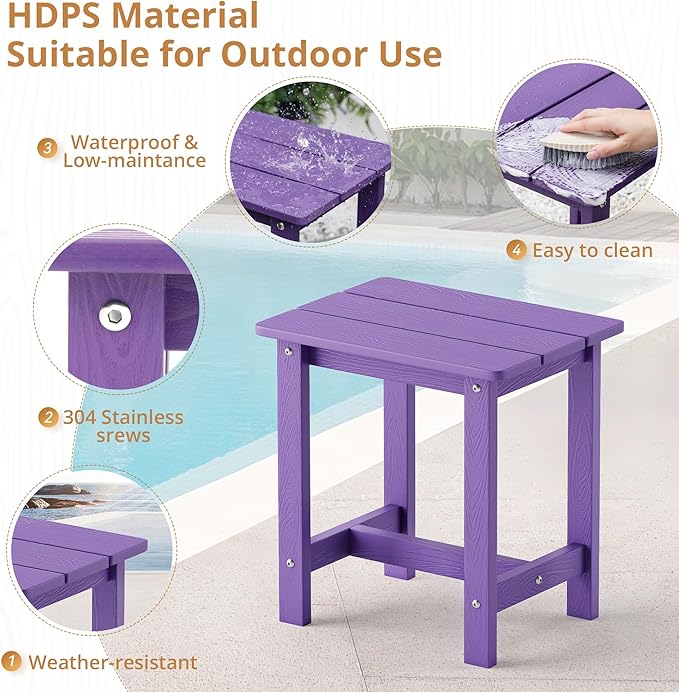 LUE BONA Outdoor Side Table Set of 2, HDPS Small Outdoor Table, Adirondack Side Table, Outside End Table for Patio, Porch, Deck, Pool, Weather Resistant/Easy Maintenance/Indoor or Outdoor Use, Purple