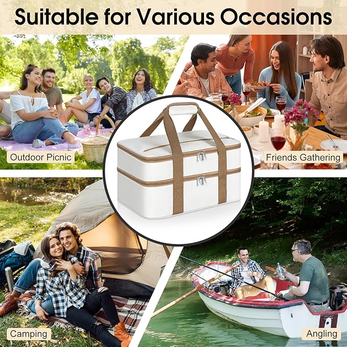 Double Insulated Casserole Carrier, Portable Casserole Carrier for Hot or Cold Food Lunch Tote Warmer or Cooler Bag, Lasagna Lunch Bag for Potluck Parties- Fits 9" x 13" Baking Dish-Beige