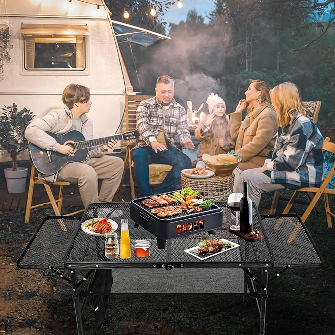 Portable Grill Table with 2 Wing Panels, Height Adjustable Folding Table with Mesh Bag, 140lbs 3Ft Folding Outdoor Table for Camping, BBQ, RV, Picnic & Beach Outdoor Adventures, 35"L x 23"W