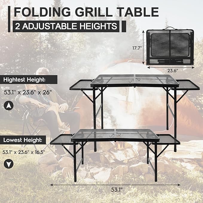 Folding Grill 4.4 FT Portable Camping Table with 2 Wing Panels, Height Adjustable Metal Outdoor Table with Mesh Desktop and Mesh Bag, Picnic, Beach and BBQ, Party, Black
