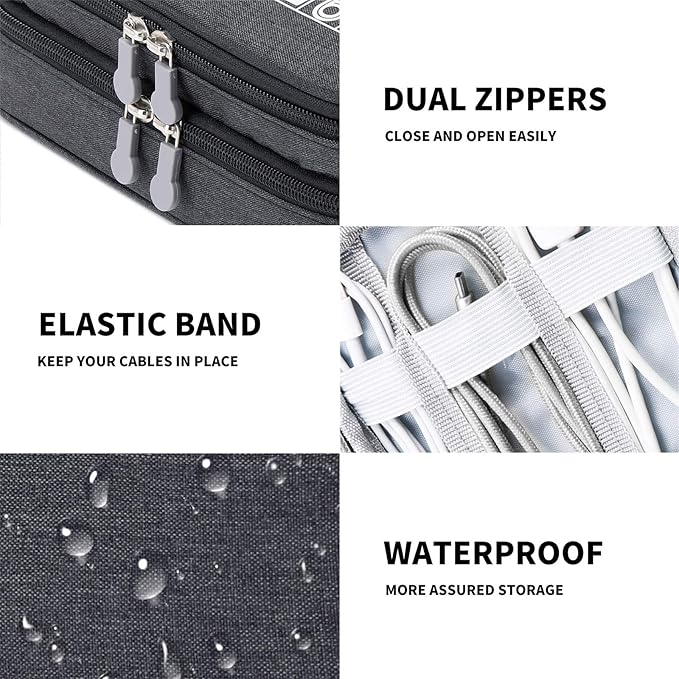 mygreen Electronics Travel Organizer, Watreproof Electronic Accessories Case Portable Double Layer Cable Storage Bag for Cord, Charger, Flash Drive, Phone, Ipad Mini, SD Card, Gifts for Him Black