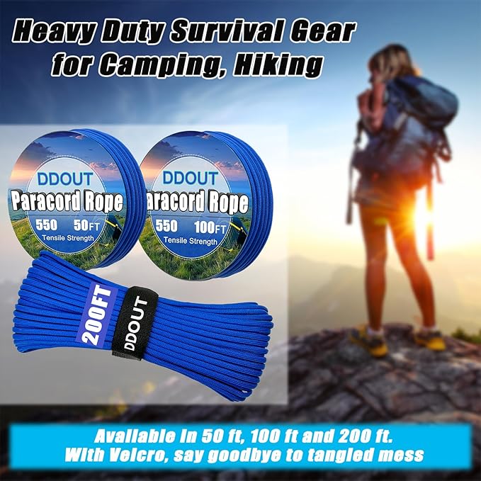 Paracord Nylon Rope Blue 200ft with 7-Strand Core, 10 Colors and 50/100/200 ft, Type III Parachute Cord 4mm for Camping, Survival, Hiking, DIY, Crafting, Outdoor Utility Rope